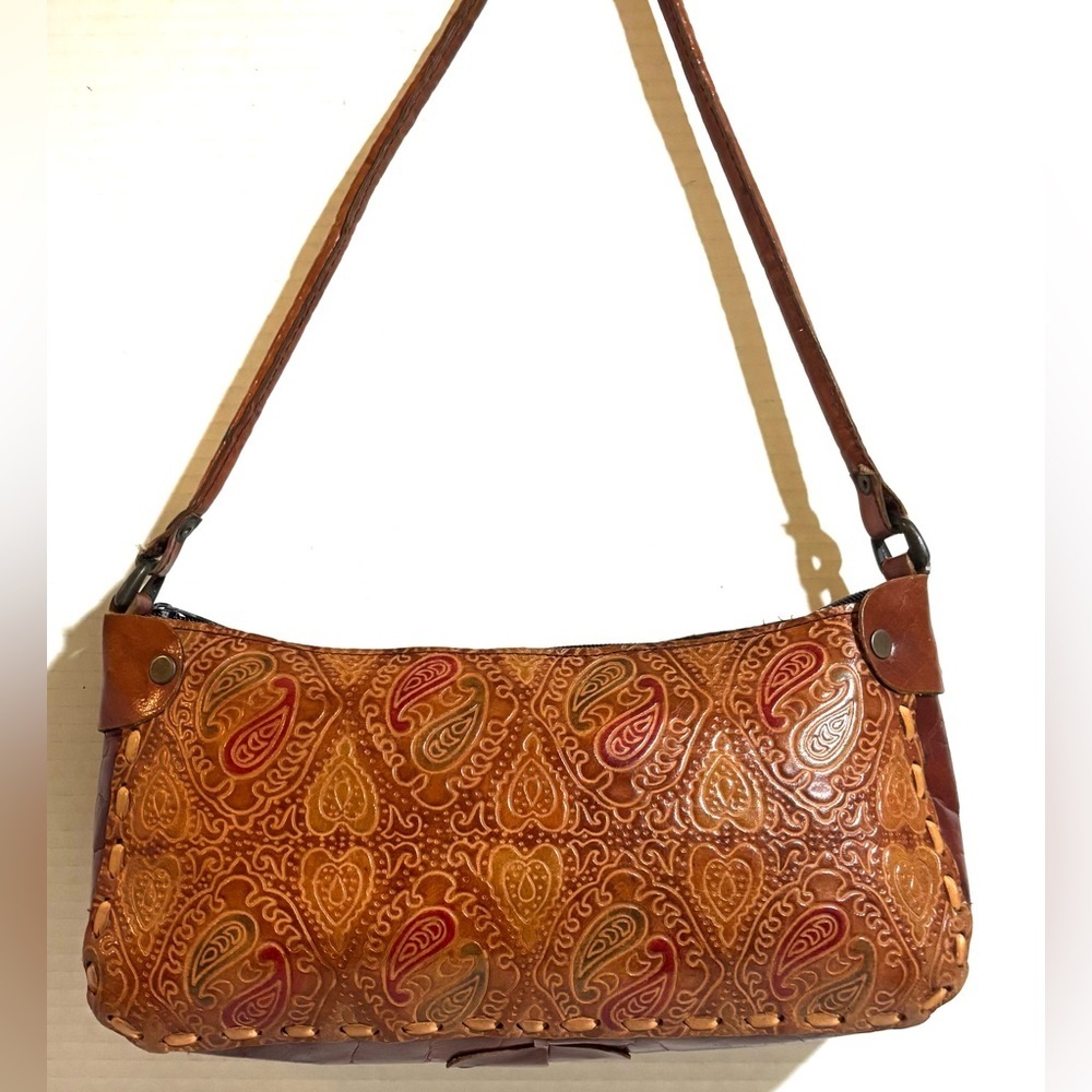 Vintage Paisley Tooled Leather Shoulder Bag - Brown with Red Accents